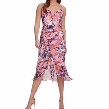 Kenzie midi dress white pink blue floral hi low tulip style wrap frill size 8