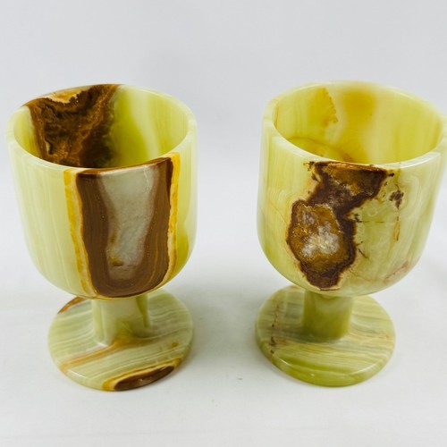 VTG Natural Banded Onyx Stone Crystalline Goblets Hand Carved Chalice 2 pc BOHO
