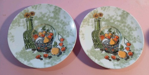 2 Melamine Plates Basket Of Fruit And Bottle & Flowers 5.75 In - Picture 1 of 9