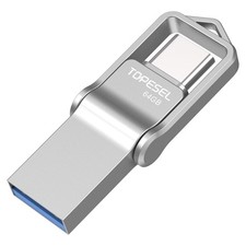 TOPESEL 64GB USB C Metal Flash Drive 2-in-1 OTG 3.0 + Type C 64GB, Silver 