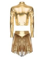 Womens Dancewear Mock Neck Sets Night Costume Long Sleeve Outfits Fringed Dance