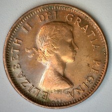 1955 Canada Small Cent Coin Bronze UNC Canadian 1c with Strap Maple Leaf Red