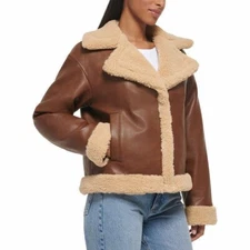 Levi's Women's Faux Leather Sherpa Moto Jacket, Brown，XLarge