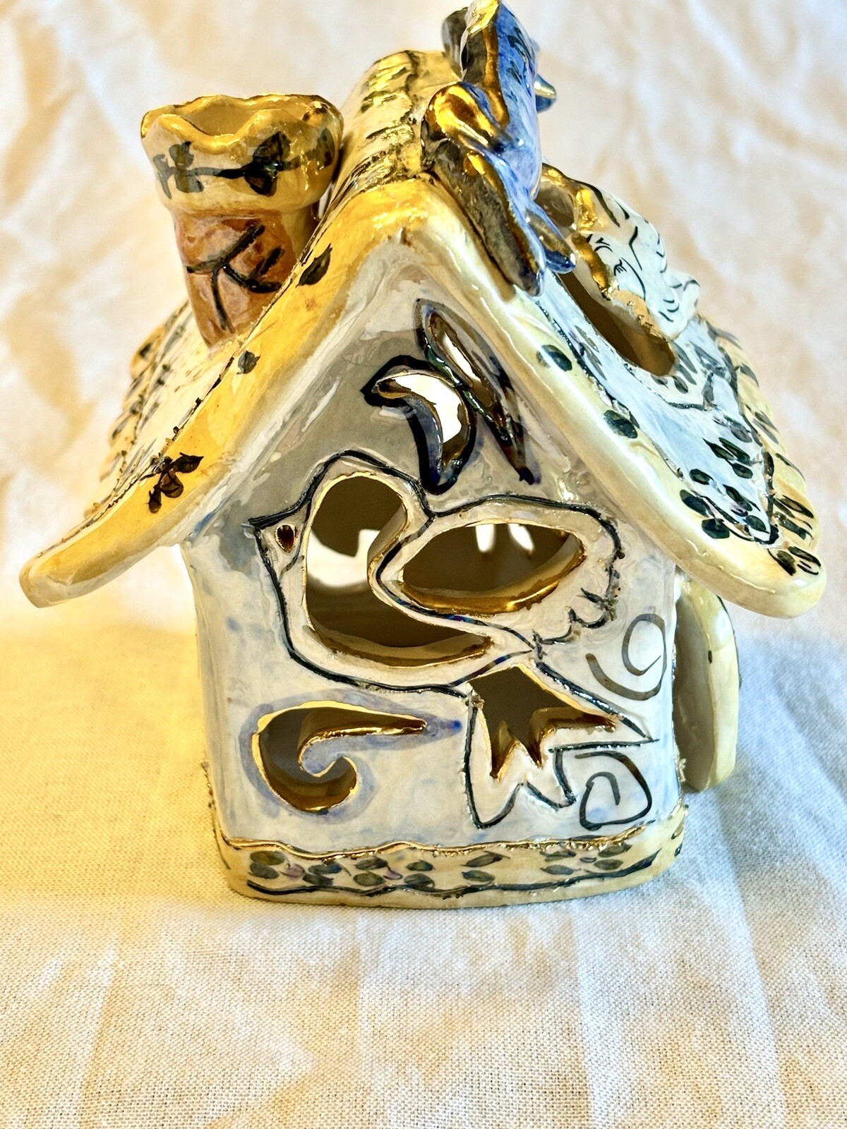 Blue Sky Clayworks 2002 Peace Candle Tea Light Holder House Ceramic Signed