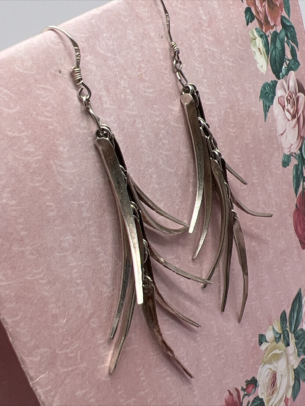 Signed 925 Sterling Silver Dangle Drop Hook 4” Ea… - image 3