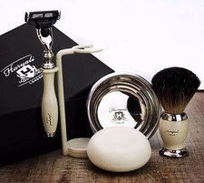 5 Piece Men's Shaving  Grooming Set  3 Edge Razor  Pure Black Badger Brush