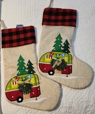 Set of 2 Farmhouse Camper Christmas Stockings Burlap Buffalo Check Plaid NEW 