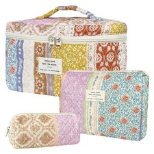 3Pcs Cotton Quilted Makeup Bag for Women Girls, Large Floral Cosmetic Bag Set...