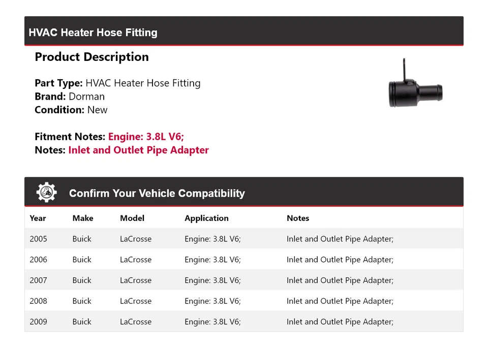Для 2005-2009 Buick LaCrosse 3.8L V6 Dorman ОВК нагреватель шланг фитинг 2006 2007 - Изображение 2 из 4