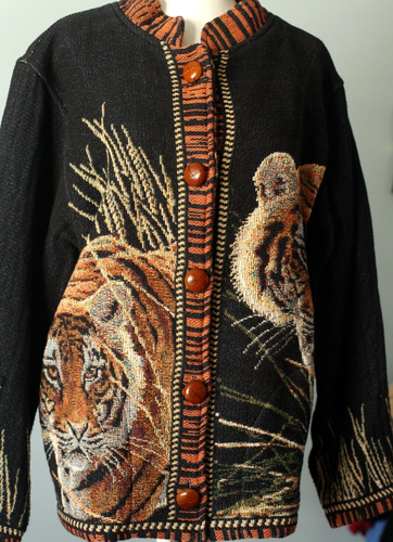 Cardigan Scene Weaver Lavorato a maglia tigre taglia S/M USA 100% cotone come nuovo - Foto 2 di 24