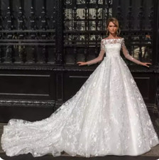 Long Sleeve Ball Gown Wedding Dresses Hand Made Flowers Court Train Bridal Gown