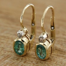 Boucles d'Oreilles en OR EMERAUDE et DIAMANT Dormeuses style Anciennes Pendantes