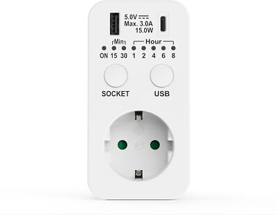 Timersteckdose Countdown Schaltsteckdose mit USB + USB-C Zeitschaltuhr Timer