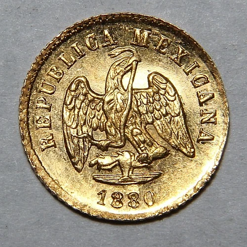 1880/70 Mo M México Oro Uno 1 Peso Bonito UNC Detalle Montaje Eliminado -5260- Foto 2 de 4