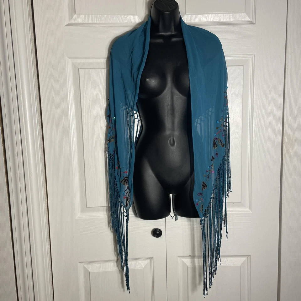 Jones New York Chal Envolvente Mujer Talla Única Azul Teal Bordado Lentejuelas Flecos Foto 3 de 4