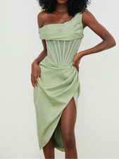 House of CB Lulu Pistachio Asymmetric Drape Corset Midi Dress XS Sage Green