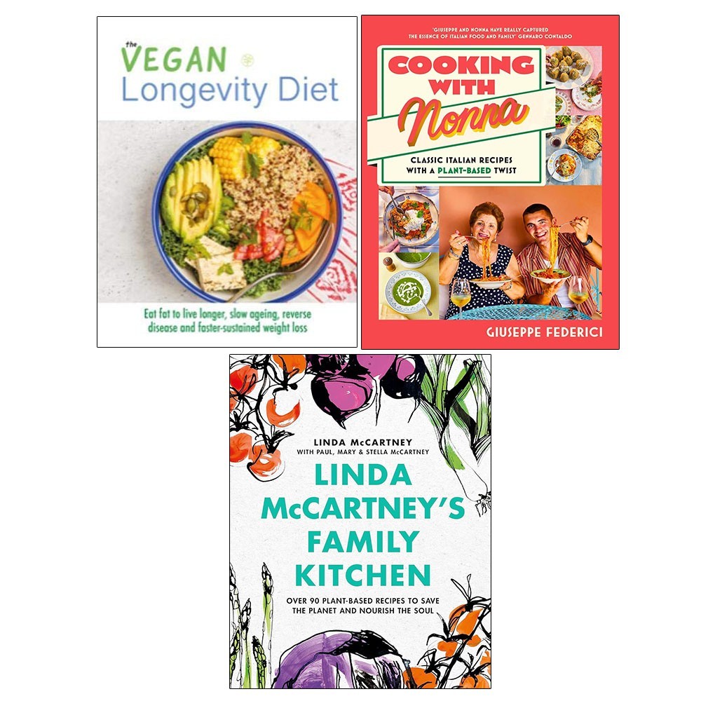 Cooking with Nonna HB,Linda McCartney Family Kitchen, Vegan Longevity 3 Books