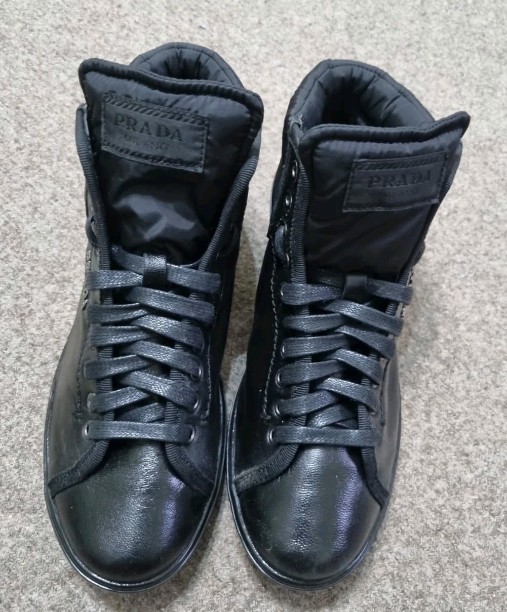 ​PRADA Milano Women Shoes Black Re-Nylon Polished Leather High Top Sneakers Sz 8 thumbnail 11