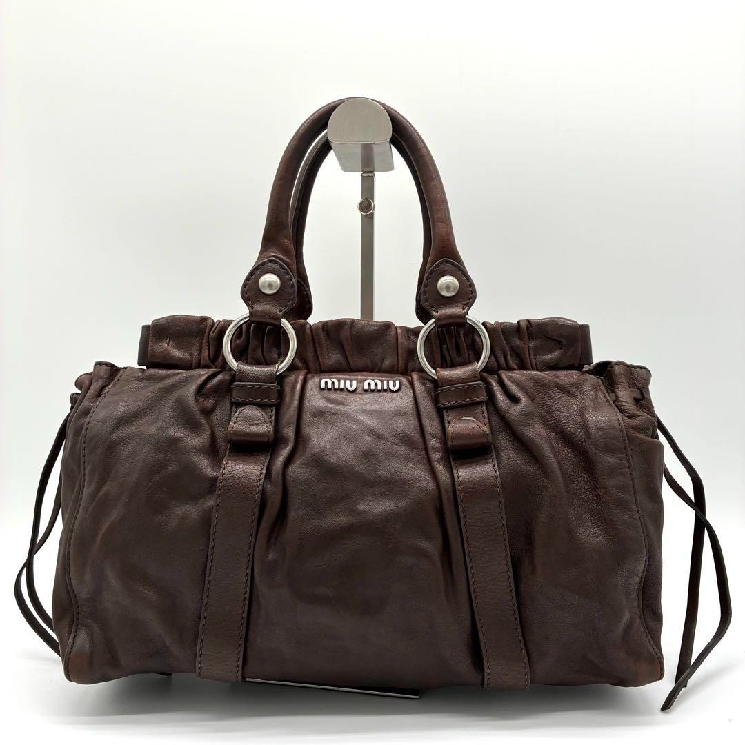 8/13まで出品 MIUMIU vitello lux 2way bag MiuMiu 2way Shoulder Bag Handbag Vitello Lux Leather Dark Brown
