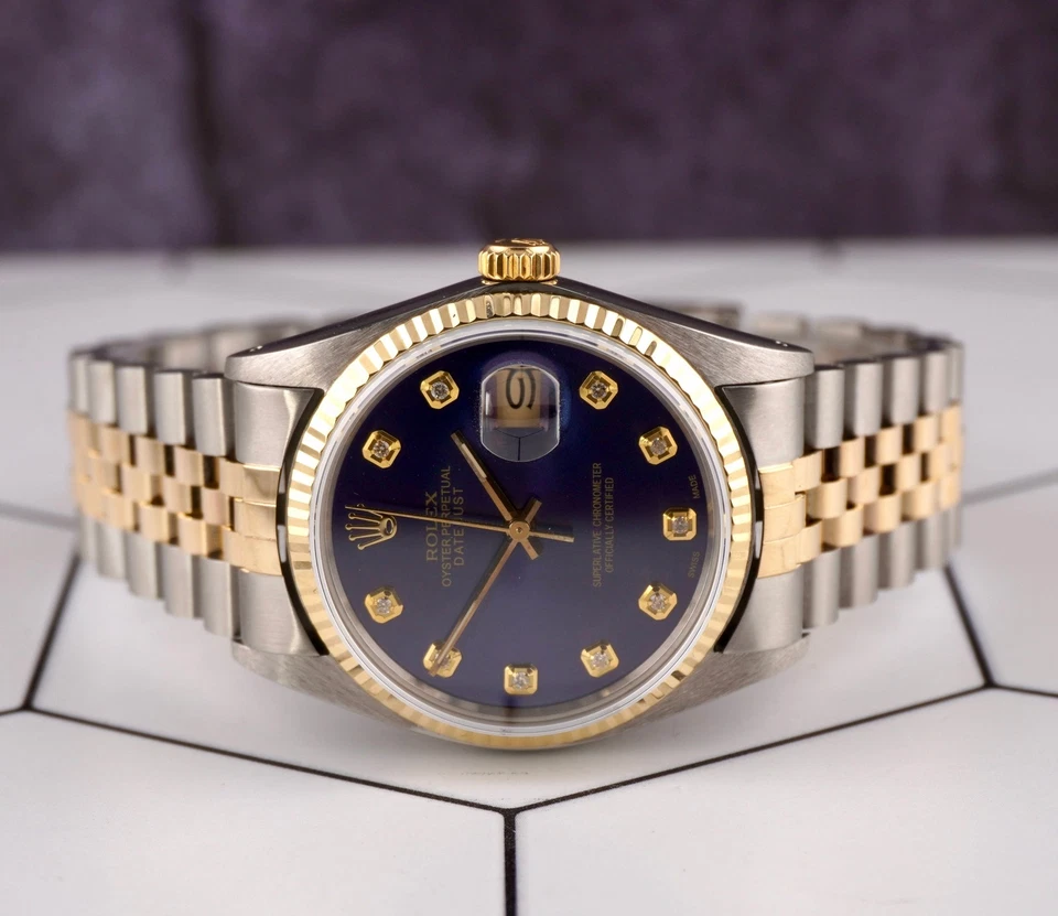 Rolex Datejust 36mm Yellow Gold Fluted Dark Blue Diamond Dial Jubilee Watch - Image 2 of 4