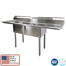 New 72" W Two Compartment sink with Two Drainboards, 304 Stainless Steel, NSF