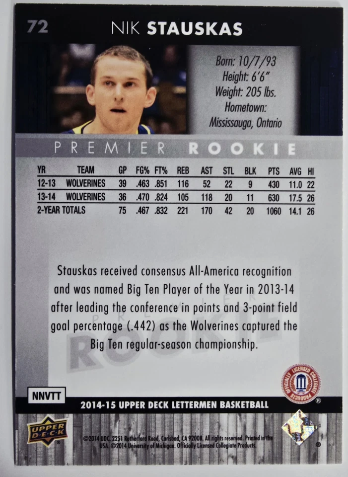 2014-2015 Upper Deck Lettermen #72 Nik Stauskas /999 RC University Of Michigan - Image 2 of 2