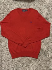 Polo Ralph Lauren Red Pima Cotton V-Neck Pullover Knit Sweater Mens S