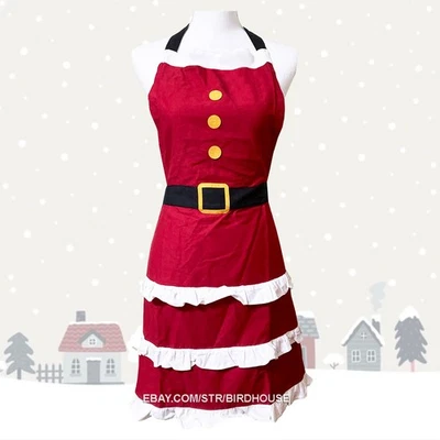 KAF HOME Mrs Claus Santa Suit Hostess Apron Red Cotton Christmas