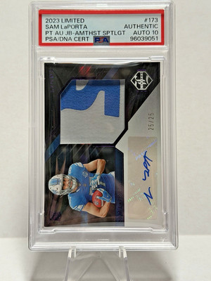 2023 Limited Sam LaPorta Spotlight /25 PSA Auto 10 Jumbo Patch Rookie Low Pop 1