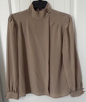 Chaus Blouse Women SIZE 8 Beige Long Sleeve Button High Neck Top Vintage