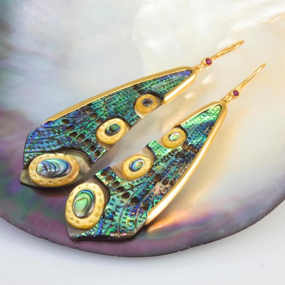 Dragonfly Wing Earrings Abalone Carving Gold Vermeil Sterling Silver Ruby 11.17g - Image 4 of 4