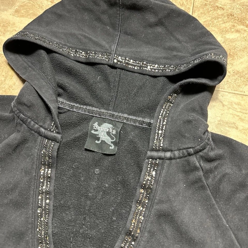 Sudadera con capucha negra deslumbrada Express vintage cuello en V pulóver adornado grunge para mujer L Foto 3 de 4