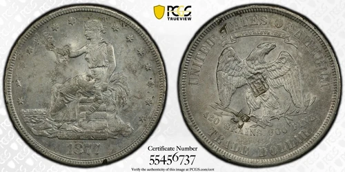 1877-S Trade Dollar PCGS AU Detail Cleaned - Chopmarks - Awesome Strike & Fields