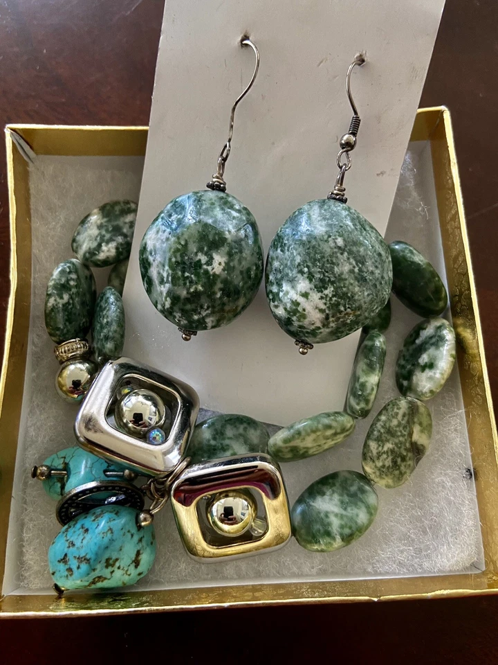 Set of Green and White Jasper Semi Precious Stone Beads 2 Bracelets & Earrings - Изображение 4 из 4