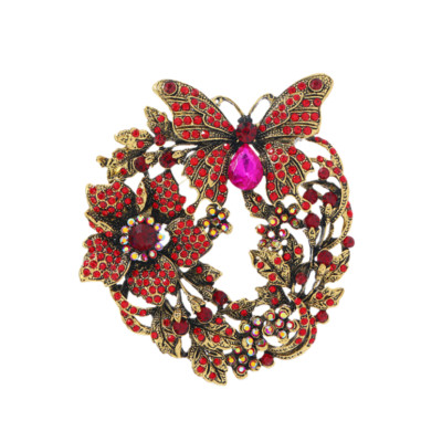 Retro Gold Red Crystal Rhinestone Big Butterfly Flower Garland Brooch Pin