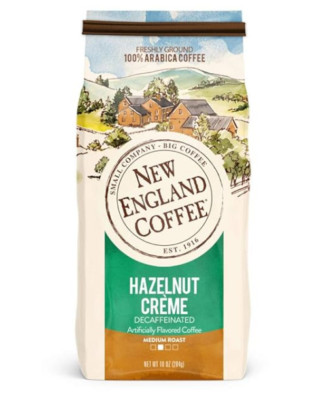 New England Coffee, Hazelnut Creme Decaf, Medium Roast Ground Coffee, 10 oz Bag