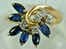 1970er MASSIV 18 KKT GELBGOLD SAPHIRE DIAMANTEN BLUMENSPRAY CLUSTER RING