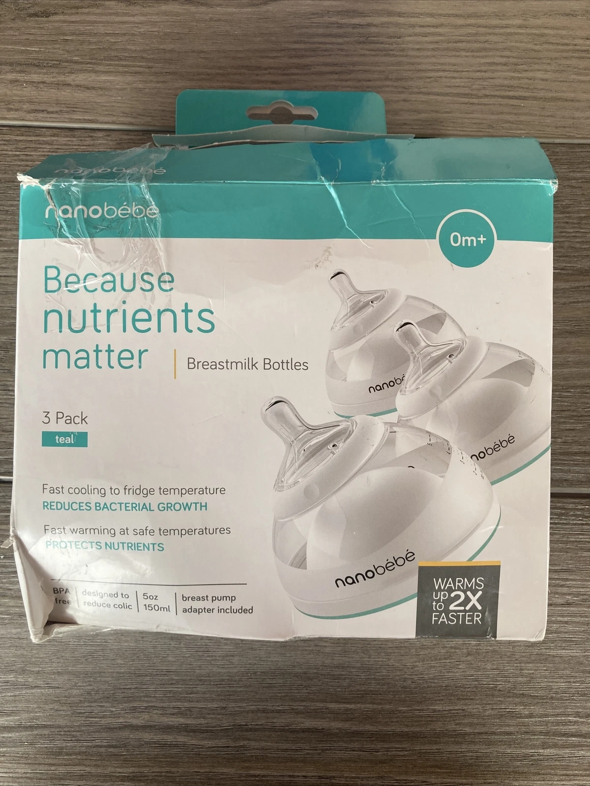 Nanobebe Breastmilk Baby Bottles 0m+ Newborn Stage 1 5oz/150ml White/Teal 3 Pack