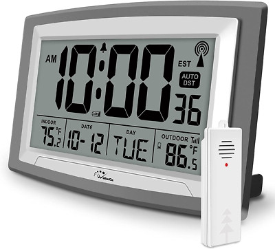 Atomic Digital Alarm Wall Clock with Temperature Large Display, Battery Operated