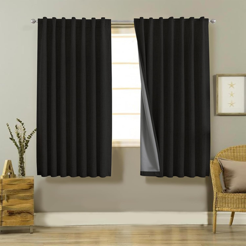 100% Blackout Curtains 63 inches Long Black Curtains Linen Drapes 2 Panels Set B