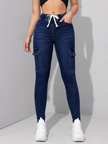 Drawstring Elastic Waist Washed Skinny Jeans, Slim Fit Flap Pockets Cargo Size M - Picture 6 of 6