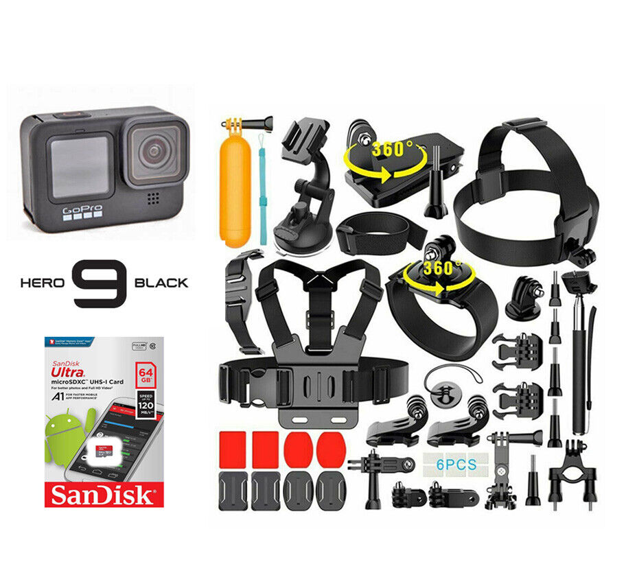  GoPro HERO9 Black - Waterproof Action Camera with Front LCD  and Touch Rear Screens, 5K HD Video, 20MP Photos, 1080p Live Streaming,  Stabilization + Sandisk 64GB Card and Extra Battery : Electronics