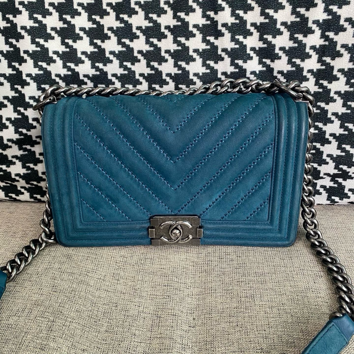 CHANEL Le Boy Medium Flap Bag Blue  Silver Hardware Shoulder Bag