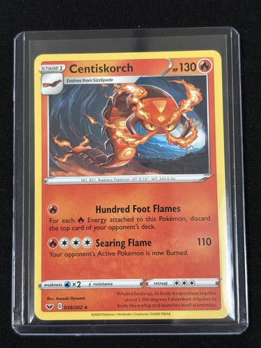 2020 POKEMON CARD 039/202 CENTISKORCH RARE SWORD & SHIELD BASE SET SWSH TCG FS