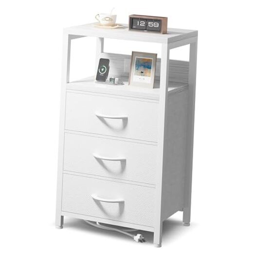White Nightstand with 3 Drawers and Bedside Charging Station  -image
