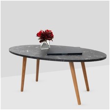 Oval Coffee Table Black Marble Effect Top Solid Wood Legs Living Room Table