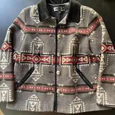 PENDLETON Wool Coat NAVAJO SOUTHWESTERN AZTEC Leather Trim Button Detail Large