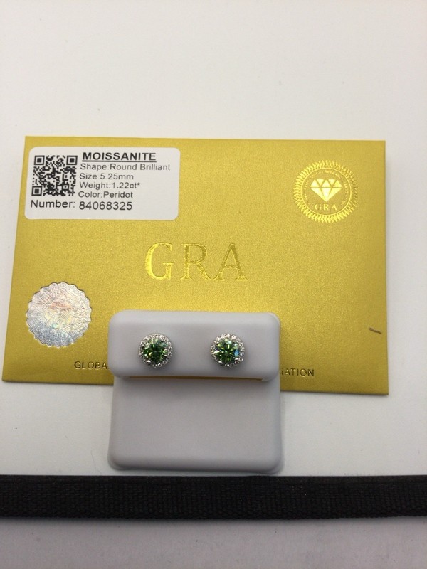GRA Certified 14K White Gold Round Green Moissanite Halo Stud Earrings 1.22ctw