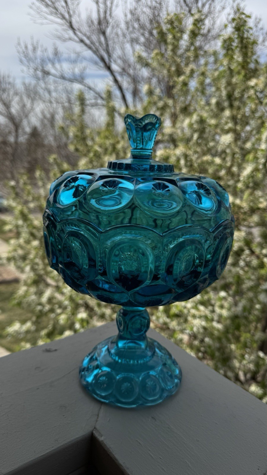 Vintage L.E. Smith 12 Inch Moon and Star Colonial Blue Glass Candy Dish Bowl