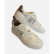 New Dkny Women's White Silver Abeni Lace Up Low-top Platform Sneakers Size 9M